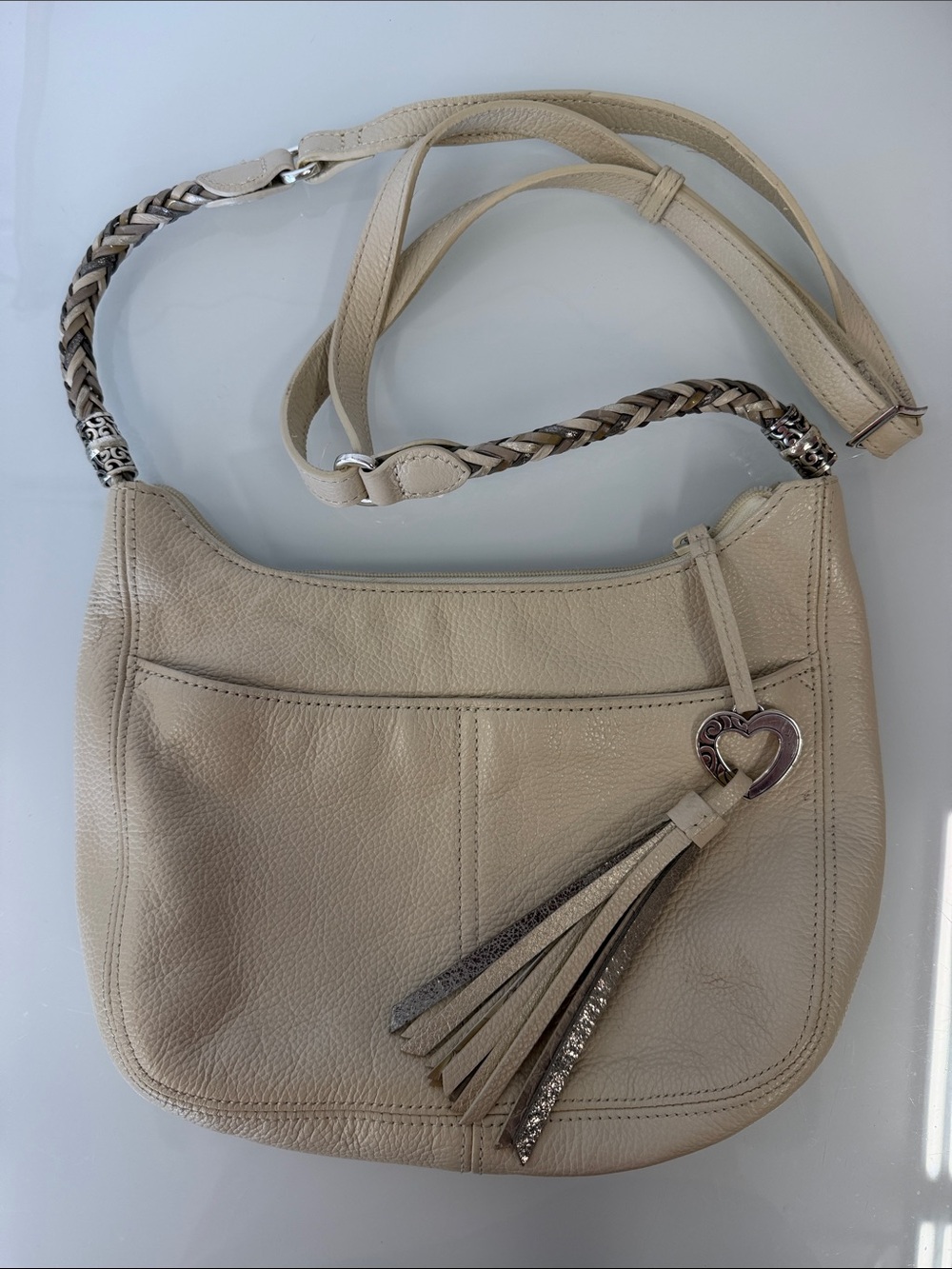 Brighton Cream Leather Braided-Strap Crossbody with Tassel Charm